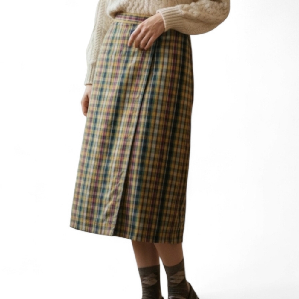 VTG Lizsport Petite Plaid Midi Faux Wrap Skirt Gold Red Blue Cotton Sz 12P